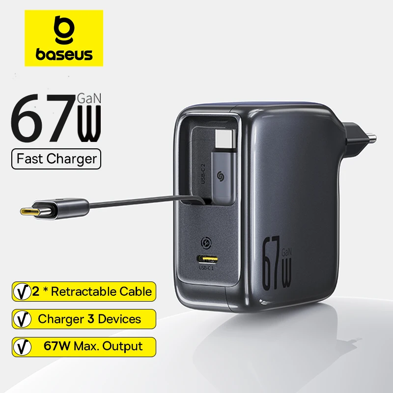 Baseus EnerCore 100W GaN充電器 USB-C格納式ケーブル付き